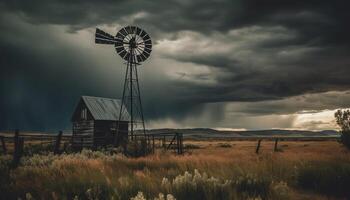 rustique Moulin à vent génère alternative énergie sur abandonné ranch dans alberta généré par ai photo