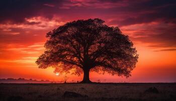 d'or acacia arbre des stands grand dans tranquille Prairie à crépuscule généré par ai photo