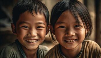 enfance joie capturé dans proche en haut portrait de souriant Fratrie en plein air généré par ai photo