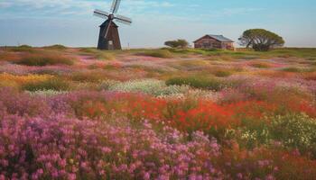 idyllique ferme paysage, Moulin à vent tourne dans tranquille le coucher du soleil plus de Prairie généré par ai photo