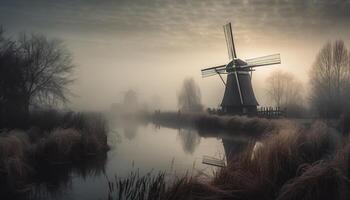 vent turbines réfléchir néerlandais culture dans tranquille polder paysages généré par ai photo