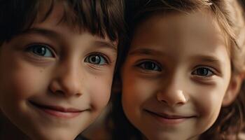 deux caucasien filles, enfance amis, souriant joyeusement à le caméra généré par ai photo