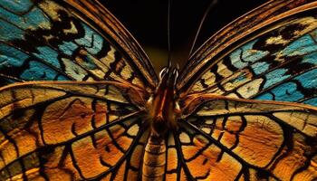 vibrant Jaune et bleu papillon se répand ailes dans proche en haut macro généré par ai photo