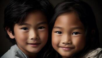 souriant Fratrie embrasse dans proche en haut portrait, rayonnant enfance bonheur généré par ai photo