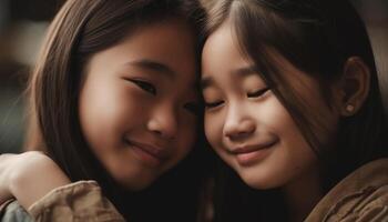 deux mignonne les filles embrasser, souriant avec à pleines dents joie en plein air ensemble généré par ai photo