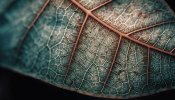 vibrant rayé feuille veine modèle sur foncé biologique toile de fond généré par ai photo