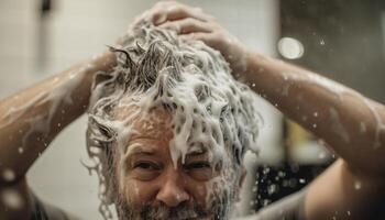 nettoyer et Frais un souriant femme la lessive dans douche généré par ai photo