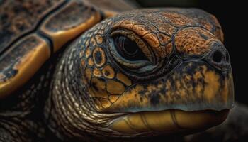 tortue coquille modèle, macro concentrer sur premier plan, reptile portrait généré par ai photo