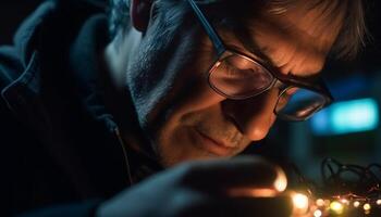 un homme, en plein air à nuit, portant lunettes et souriant généré par ai photo