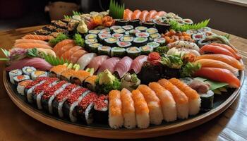Frais Fruit de mer assiette avec sashimis, nigiris, et maki Sushi généré par ai photo