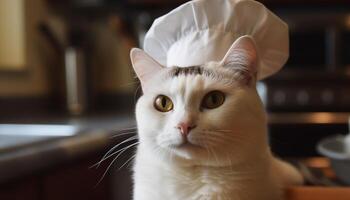 mignonne chaton regarder à caméra, se concentrer sur premier plan nourriture généré par ai photo