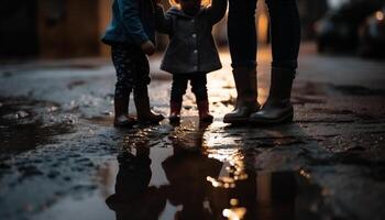 famille en marchant dans le pluie, collage dans la nature réflexion généré par ai photo