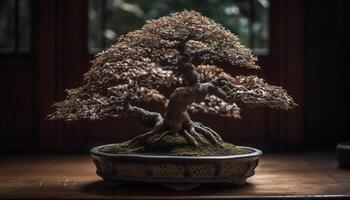 petit mis en pot plante dans antique poterie, une la nature décoration à l'intérieur généré par ai photo