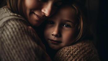 souriant femmes embrasse Jeune enfant, l'amour et bonheur abonder à l'intérieur généré par ai photo