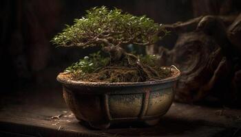 rustique poterie vase détient Frais vert plante dans antique décor généré par ai photo