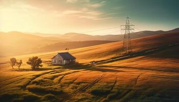 le coucher du soleil plus de rural Montagne cultiver, tranquille prairie, la nature beauté généré par ai photo