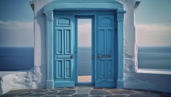 bleu porte ouvre à idyllique Santorin, une célèbre architectural fonctionnalité généré par ai photo