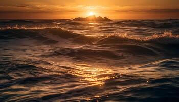 Orange le coucher du soleil éclabousser vagues, tranquille beauté dans la nature environnement généré par ai photo