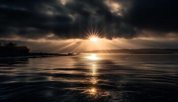 silhouette de montagnes retour allumé par spectaculaire le coucher du soleil plus de l'eau généré par ai photo