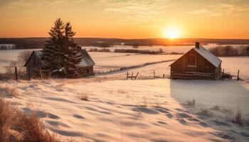 tranquille hiver paysage neige couvert chalet dans éloigné forêt à crépuscule généré par ai photo