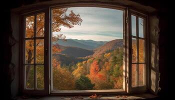 Jaune feuilles sur des arbres, l'automne forêt vu par fenêtre généré par ai photo