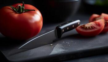 Frais biologique tomate tranche, une en bonne santé gourmet ingrédient pour salade généré par ai photo