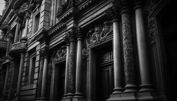 majestueux architecture de ancien monument, une célèbre noir et blanc point de repère généré par ai photo