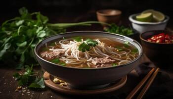 en bonne santé en mangeant Frais légume soupe avec fait maison porc Boulettes de viande généré par ai photo