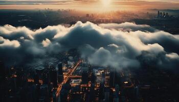 le coucher du soleil paysage urbain grattes ciels monter en flèche haute au dessus Urbain horizon à crépuscule généré par ai photo