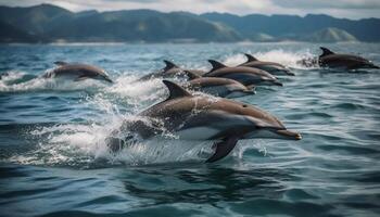 espiègle bouteille nez à nez dauphin sauter dans le bleu mer vagues généré par ai photo