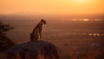 Pointé guépard séance majestueusement, à la recherche à le tranquille le coucher du soleil généré par ai photo