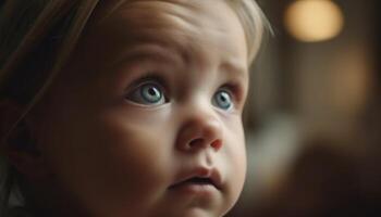 mignonne bébé garçon avec bleu yeux regarder en haut, plein de joie généré par ai photo