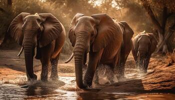 grand africain l'éléphant troupeau en marchant par poussiéreux savane région sauvage généré par ai photo