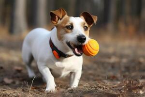 jack Russell terrier chiot en jouant avec une Balle dans le l'automne parc ai généré photo