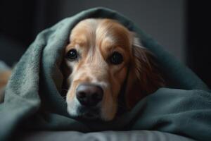 mignonne chien en dessous de une couverture sur lit à maison. animal de compagnie se soucier concept ai généré photo