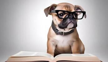 mignonne carlin chiot avec livre à propos heure du coucher histoires. ai généré photo