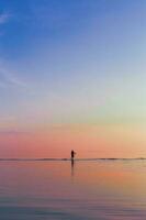 verticale de les pêcheurs contagieux poisson dans le mer en utilisant pêche net à le coucher du soleil. photo