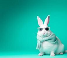 adorable blanc lapin avec lunettes et à la mode robe. ai généré photo