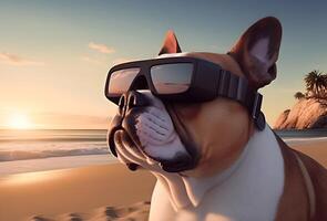 taureau chien avec vr des lunettes relaxant à plage. ai généré image. photo