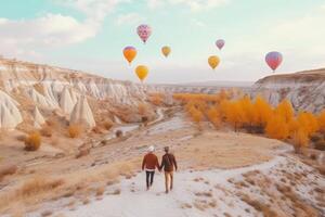 magnifique couple de méconnaissable gens en train de regarder coloré chaud air des ballons dans vol, ai généré photo