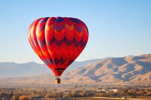 cœur en forme de chaud air ballon avec méconnaissable gens dans le ciel, ai généré photo