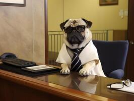 déprimé carlin chien travail dans bureau. concept de officier, président, chef ou chef. ai généré image photo