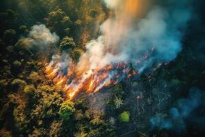 aérien vue incendies dans les bois, Brouillon et chaud temps. ai généré photo