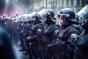 police équipe portant uniforme sur le ville rue. génératif ai photo