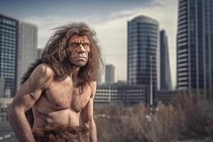 portrait de préhistorique homme à ville rue dans présent temps. génératif ai photo