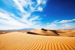 le sable dunes dans désert paysage avec bleu ciel. génératif ai photo