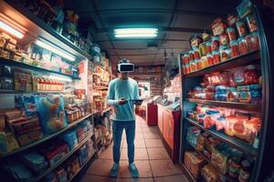 homme portant virtuel réalité casque achats dans épicerie magasin. génératif ai photo