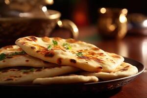 Naan pain dans plaque. galette avec épices. Indien cuisine. génératif ai photo