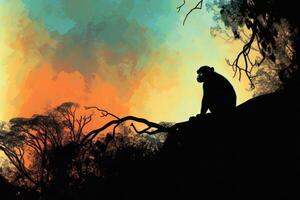 silhouette de singe à le coucher du soleil. animal dans sauvage la nature. génératif ai photo