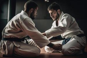 deux brésilien jiu jitsu combattants formation sur tatami. génératif ai photo